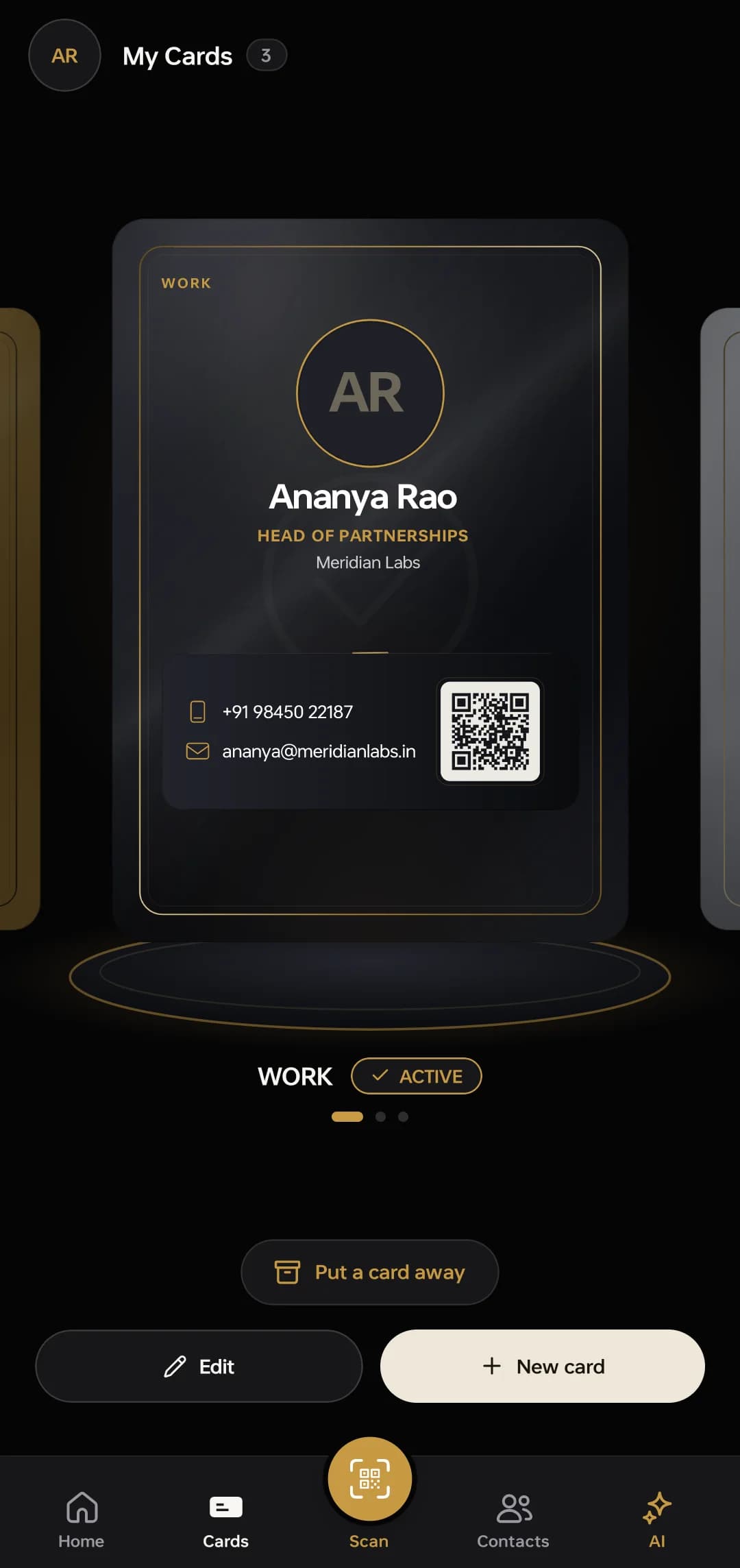 A Connect card in the work material — name, title, company, phone, email and the QR code that opens the same card in any browser.