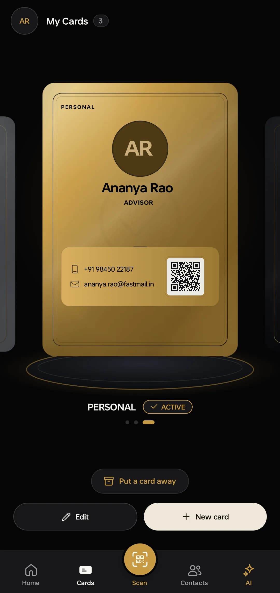 A Connect card on a phone, with the QR code on its face that opens the same card in any browser.