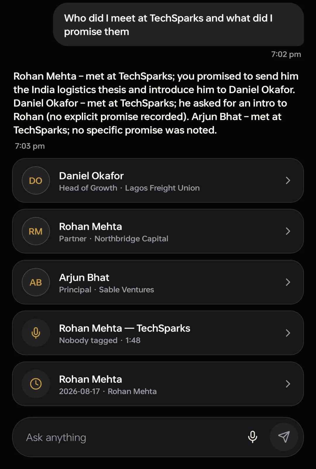 The Connect Concierge answering “Who did I meet at TechSparks and what did I promise them”, listing the three people from saved records and noting where no explicit promise was recorded.