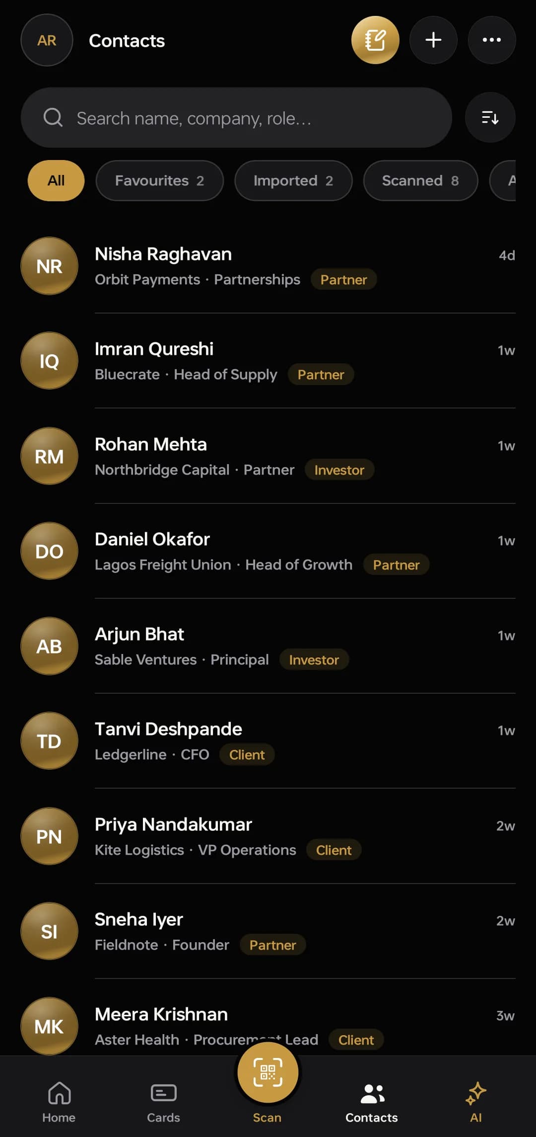 The Connect contacts list, with filter pills across the top and tags on each person.