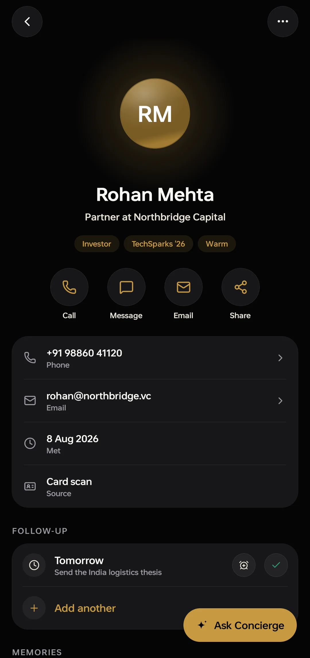 The saved contact: Rohan Mehta, Partner at Northbridge Capital, with "Card scan" recorded as the source